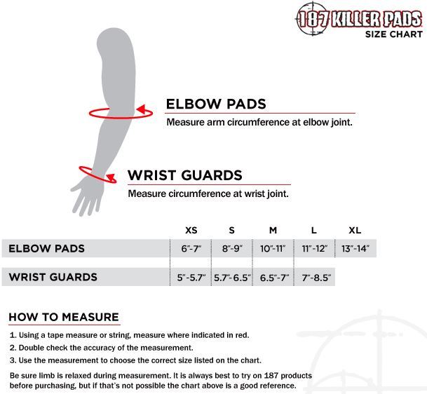 187 Killer Pads Size chart (Elbow) SkatePro