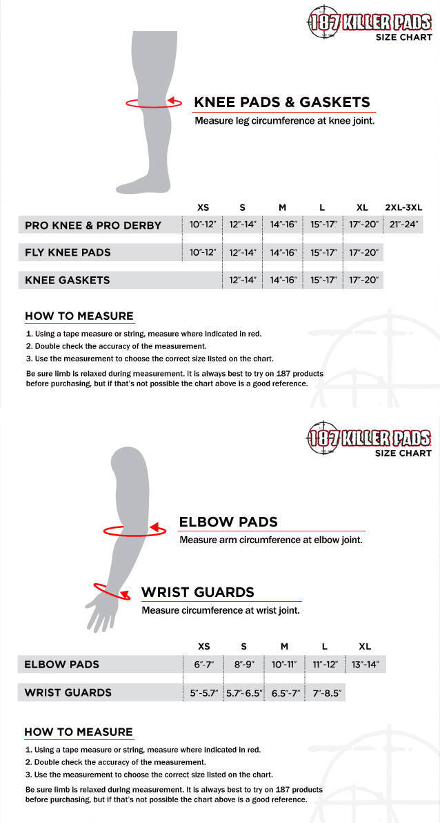 187 Killer Pads Size chart Combo Pack (Knee+Elbow)