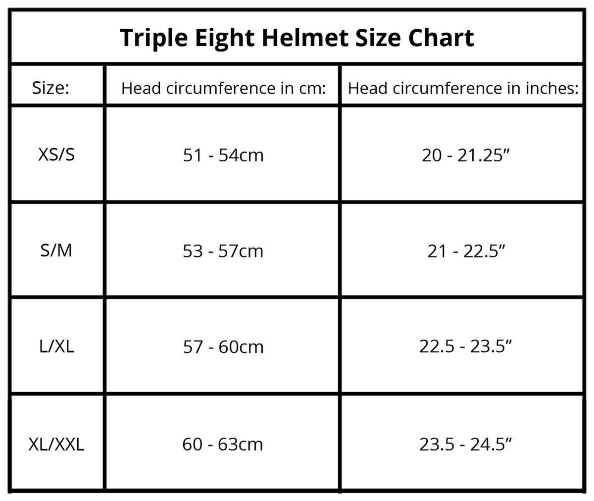 Triple 8 Brainsaver Size Chart
