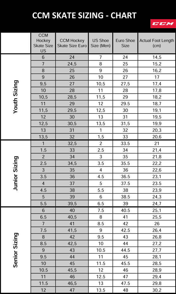 CCM Skates Size chart (hockey size) | SkatePro